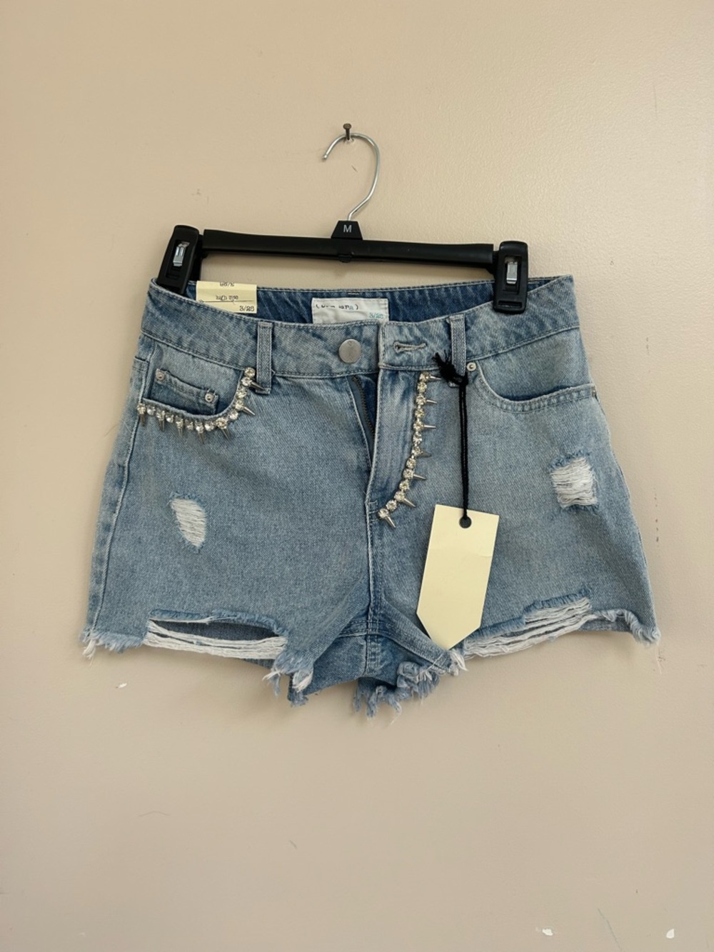 Light Blue Distressed Denim Shorts with Rhinestone Trim